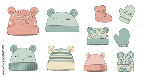 Collection of cute pastel baby winter hats and mittens with charming cartoon faces and patterns, perfect for chilly weather.