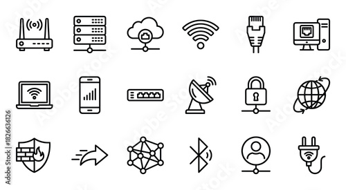Collection of network and internet icons in line style featuring router, server, and cloud