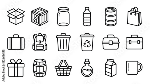 Collection of outline icons representing various containers and packaging for goods and storage