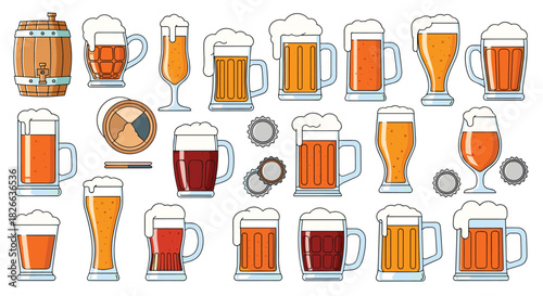 A diverse set of line-art beer glasses and mugs showcasing light to dark brews, complete with a beer barrel, coaster, and bottle caps.
