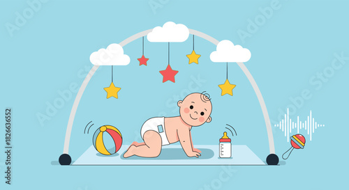 An adorable baby is happily crawling on a playmat surrounded by colorful toys and a gentle mobile with stars and clouds.