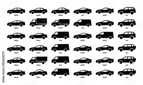 Collection of various black silhouette car icons with labels for different vehicle types isolated on a white background