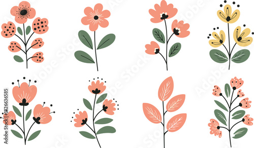 Abstract hand-drawn floral design elements and blooming flowers.