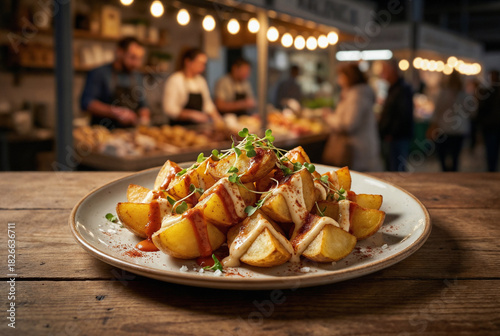 Fototapeta Naklejka Na Ścianę i Meble -  Patatas bravas con alioli servidas en mercado gastronómico nocturno, con ambiente animado y cocina de autor