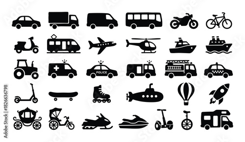 Collection of various transportation vehicles including cars, trucks, buses, motorcycles, bicycles, boats, planes, and more