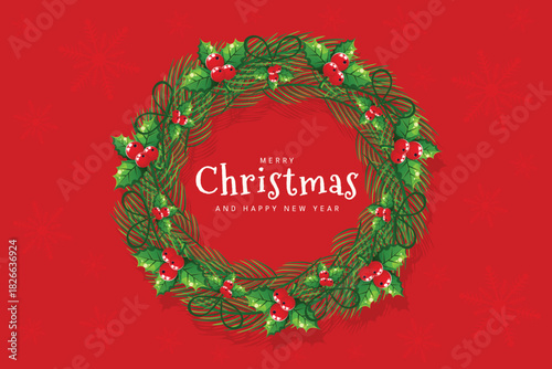 Merry Christmas Holiday Wreath Frame Vector Red Background New Year Greeting Card.