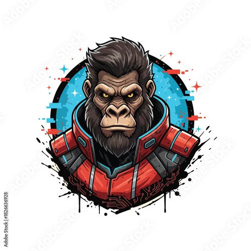 Intense Red Jacket Gorilla Mascot Vector, Fierce Ape Head Portrait, Aggressive Esports Gaming Logo Illustration	
