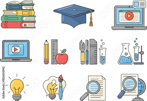 Education and E-Learning Vector Icon Set with Books, Graduation Cap, and Science Tools.
