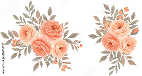 Elegant peach and coral rose bouquets with subtle leaves design