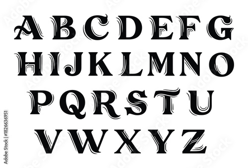 Complete ornate decorative alphabet with capital letters isolated on white background