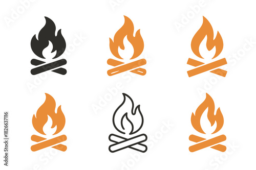 Campfire Logo Variations. Campfire. Icon set. Set Logo of campfire: Fire spark and wood detail. harmonious logo variations of the same emblematic concept, each