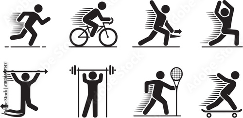 Walking and cycling mobility icon set. Vector glyph pictograms of pedestrian, bicycle, eco transport, healthy lifestyle, urban commute, fitness activity, road journey, movement symbol black silhouette