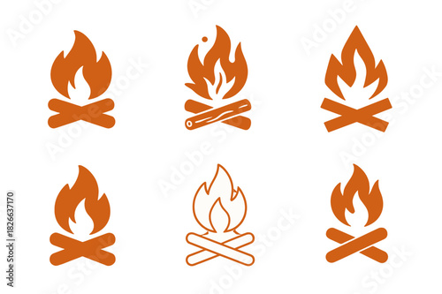 Campfire Logo Variations. Campfire. Icon set. Set Logo of campfire: Fire spark and wood detail. harmonious logo variations of the same emblematic concept, each