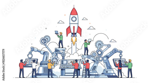 Innovative team launching startup with robotic arms and rocket in modern factory, showing teamwork and technological advancement concept