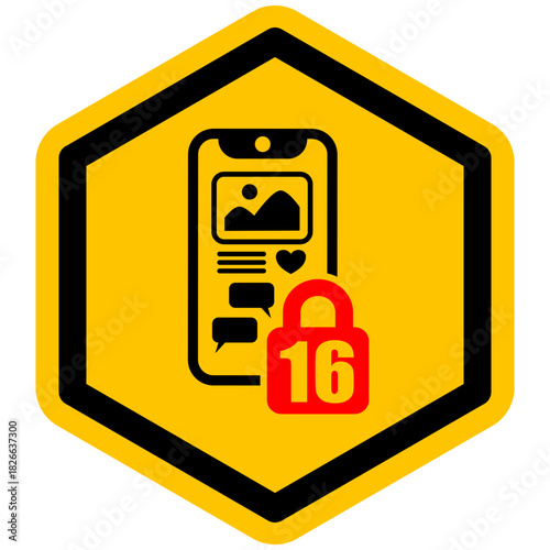 Social Media Restriction Sign, Age 16, Warning Symbol, Mobile Phone Ban, Digital Safety, Vector Icon, svg, png