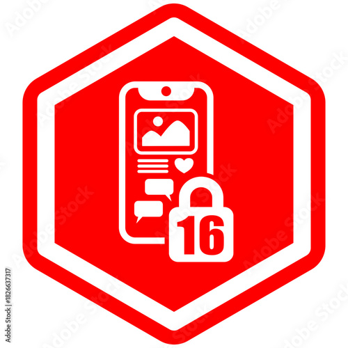 Social Media Restriction Sign, Age 16, Warning Symbol, Mobile Phone Ban, Digital Safety, Vector Icon, svg, png