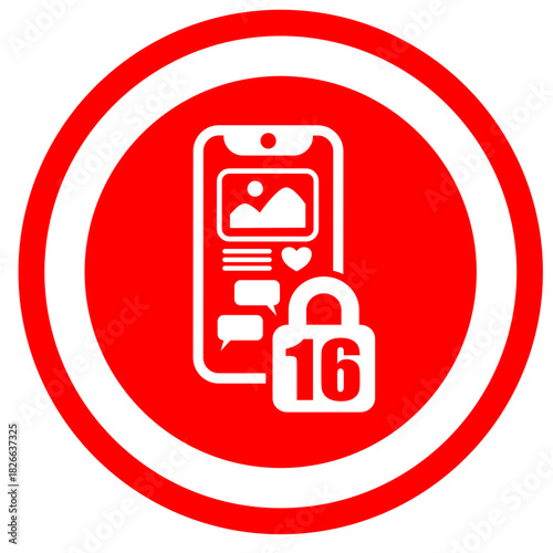 Social Media Restriction Sign, Age 16, Warning Symbol, Mobile Phone Ban, Digital Safety, Vector Icon, svg, png