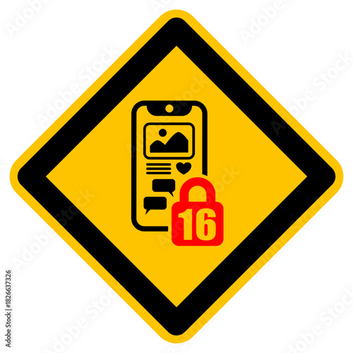 Social Media Restriction Sign, Age 16, Warning Symbol, Mobile Phone Ban, Digital Safety, Vector Icon, svg, png