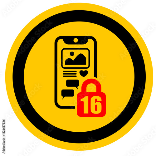Social Media Restriction Sign, Age 16, Warning Symbol, Mobile Phone Ban, Digital Safety, Vector Icon, svg, png
