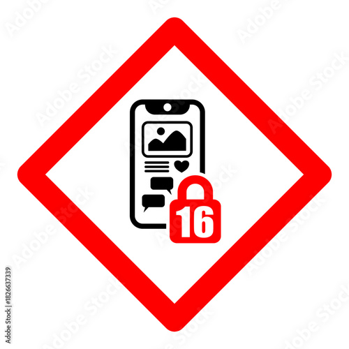 Social Media Restriction Sign, Age 16, Warning Symbol, Mobile Phone Ban, Digital Safety, Vector Icon, svg, png