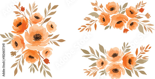 Orange watercolor floral bouquets with leaves elegant artistic design