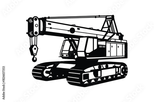 Crawler telescopic boom crane silhouette with hook and cables, isolated on white background