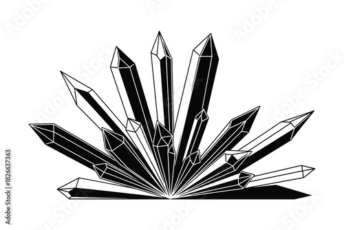 Crystal cluster black and white illustration of natural mineral stones or precious gemstones