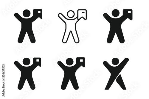 Certificate Holder Icons. Person standing proudly holding a certificate. Icon set. Set Logo of Person standing proudly holding a certificate: Celebration pose