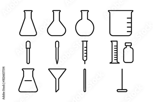 Chemistry Line Icons. Chemistry essentials. Line icon set of chemistry essentials: Erlenmeyer flask, volumetric flask, round-bottom flask, beaker, test tube,