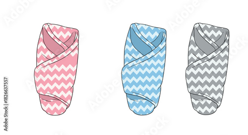 Three colorful baby swaddles with a cheerful chevron pattern, ideal for a newborn's comfortable and secure sleep.