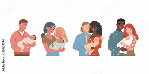 Diverse families holding newborn babies with love and affection representing modern parenting styles