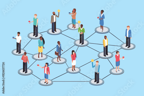 Isometric people network illustration diverse individuals connected in a business or social network