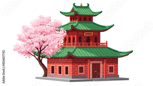 Stunning pagoda with blossoming cherry tree, a vibrant Asian landscape evoking peace and beauty, perfect for cultural projects