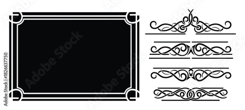 Decorative frame and dividers set in black and white classic ornamental design for labels borders and text decoration