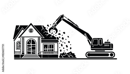 Demolition excavator breaking house, isolated black and white illustration on clean background