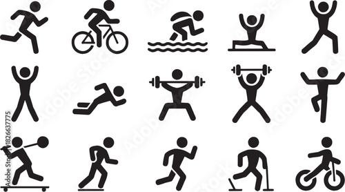 Sports and fitness icon set. Vector glyph pictograms of walking, running, cycling, and activity silhouettes.