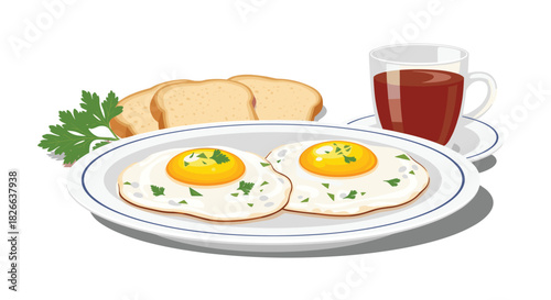 A classic breakfast spread featuring two sunny-side-up fried eggs on a white plate, golden toast slices, and a cup of hot beverage, garnished with fresh parsley.