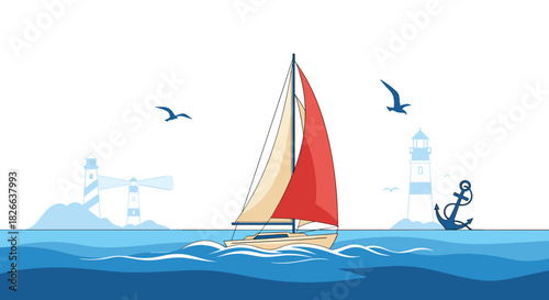 Sailboat with red and cream sails on the blue sea, with lighthouses, seagulls, and an anchor, creating a peaceful nautical illustration.