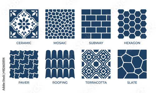 Decorative tile patterns set ceramic mosaic subway hexagon paver roofing terracotta and slate designs