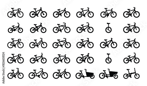 Different types of bicycles black silhouette icon collection featuring road bikes, mountain bikes, cargo bikes, and unicycles
