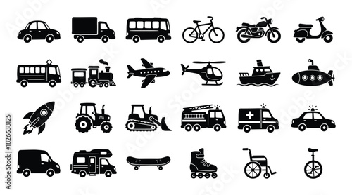 Diverse set of transportation vehicles and mobility equipment flat icons on white background