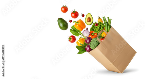 Fresh vegetables and fruits spilling out of a brown paper grocery bag isolated on white background