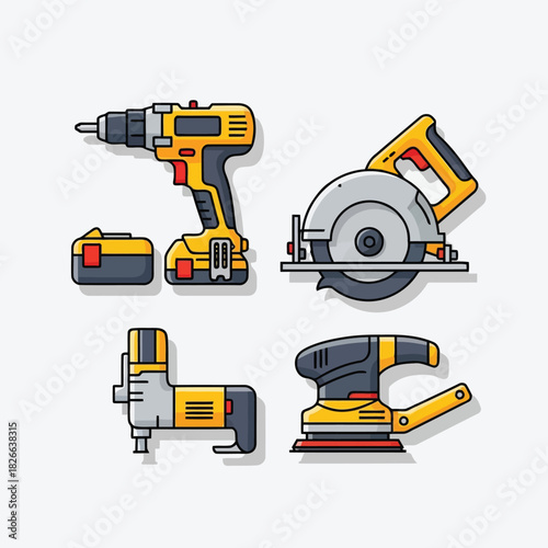 Yellow and gray power tools including drill battery circular saw jigsaw and sander