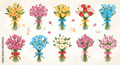 A vibrant collection of diverse flower bouquets, beautifully tied with colorful ribbons, perfect for celebrating special occasions and spreading joy.