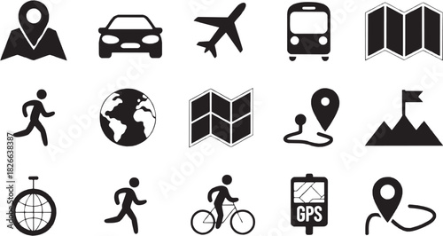 Transport and travel mobility icon set. Vector glyph pictograms of bus, car, map, road journey, navigation route, vehicle commute, traffic direction, adventure trip black silhouette