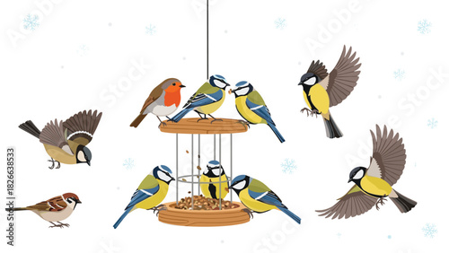 Charming birds gather around a feeder on a snowy day creating a delightful winter scene that captures the beauty of nature and wildlife