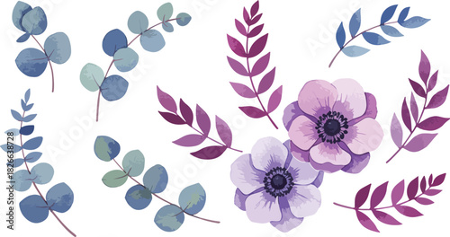 Watercolor floral arrangement with purple anemone and eucalyptus