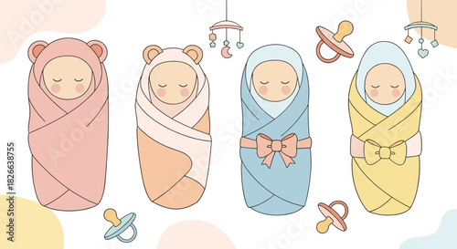 Sweet vector illustration of four sleeping newborn babies swaddled in soft pastel blankets with adorable bear ears and bows.