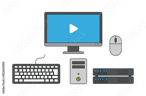 Desktop computer system with video playback and server racks