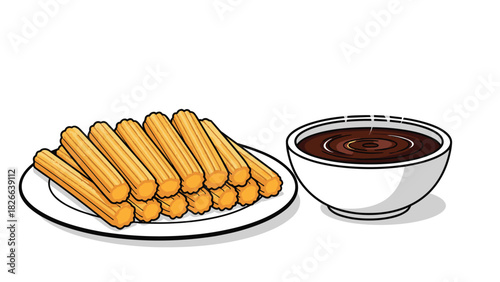 Delicious plate of churros with rich chocolate dipping sauce ready to be enjoyed, perfect for a sweet treat or dessert craving